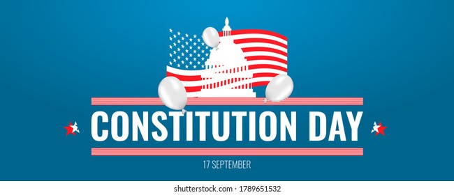 17 september - United States Constitution day. Typography concept  design for greeting card, poster, banner, flyer. White air balloon and USA flag on blue background. Vector illustration