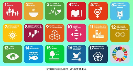 17 Sustainable Development Goals (SDGs), gradient green background svg