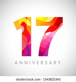 17 th anniversary numbers. 17 years old yellow coloured logotype. Age congrats, congratulation idea. Isolated abstract graphic web design template. Creative 1, 7 digits. Up to 17% percent off discount svg