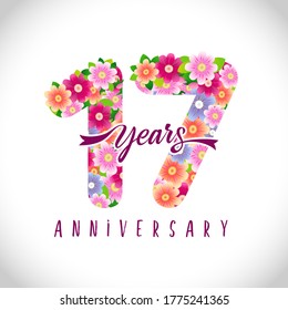 17 th anniversary numbers. 17 years old logotype. Floral pink congrats. Isolated abstract graphic design template. Cute creative holiday age digits, ribbon font. Up to 17%, -17% percent off discount. svg