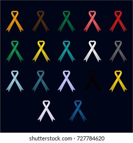 17 Unique Awareness Ribbon Set. Yellow, Green, Blue, Pink, Peach, Purple, Orange, Black, Clear, White, Grey, Red, Brown Awareness Ribbon Vector Design Element