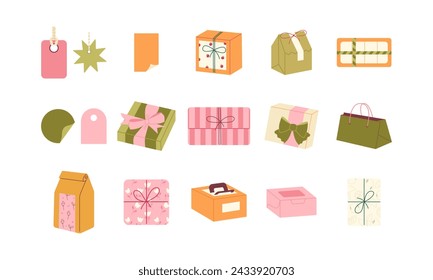 17 vector illustrations of gift wrapping, boxes, gifts, bags, stickers. Vector illustration. Giving gifts, congratulations, holiday, packaging