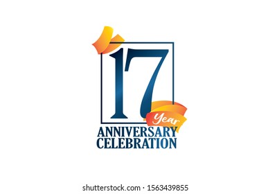 17 Year Anniversary Blue Color with Block Frame and Orange-Yellow Ribbon, Classic Style For Invitation, banner, ads, greeting card - Vector