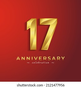 17 Year Anniversary Celebration with Golden Shiny Color for Celebration Event, Wedding, Greeting card, and Invitation Card Isolated on Red Background