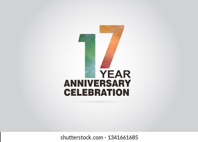17 year anniversary celebration logotype with watercolor Green and Orange Emboss Style isolated on white background for invitation card, banner or flyer -vector
