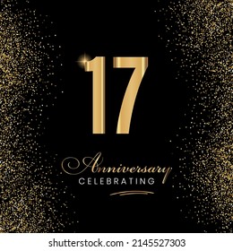 17 Year Anniversary Celebration Vector Template Design Illustration. 17 years golden anniversary sign. Gold glitter celebration. Light bright symbol for event, invitation, award, ceremony, greeting.