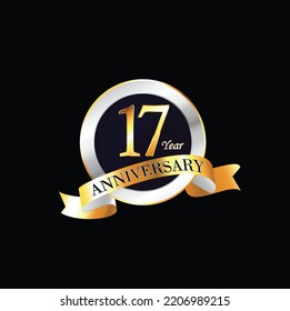 17 Year Anniversary celebration Vector Design with ring and ribbon. 17th Anniversary celebration. Gold Luxury Banner of 17th Anniversary celebration. seventeenth celebration card. Vector anniversary