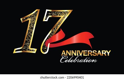 17 Year Anniversary celebration Vector Design with red ribbon and gl. 17th Anniversary celebration. Gold Luxury Banner of 17th Anniversary. seventeenth celebration card. Vector anniversary