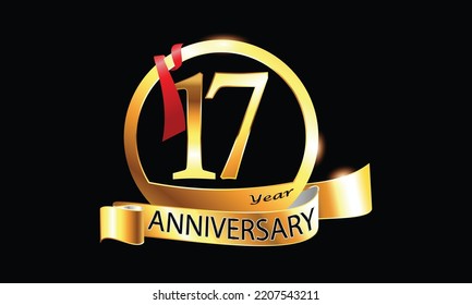 17 Year Anniversary celebration Vector with ring and red ribbon. 17th Anniversary celebration. Gold Luxury Banner of 17th Anniversary celebration. seventeenth celebration card. Vector anniversary