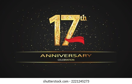 Celebración del 17 Aniversario del Diseño Vector con cinta roja y brillo. Celebración del 17° Aniversario. Banner Gold Luxury del 17° aniversario. tarjeta de celebración