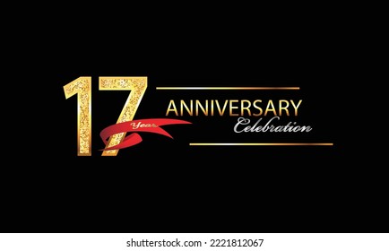 17 Year Anniversary celebration Vector Design. 17th Anniversary celebration. Gold Luxury Banner of 17th Anniversary celebration with red ribbon and glitter. Background celebration. Vector anniversary