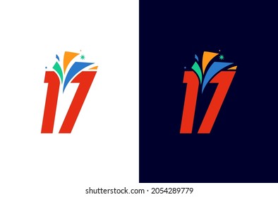 17 year anniversary firework logo design. Number celebration with colorful spark. Simple icon for carnival or festival