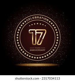 17 year anniversary logo design with double line numbers in gold color, vector template