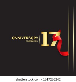 17 year anniversary logo template on black background. golden numbers with red ribbon vector