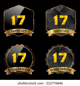 17 year birthday celebration golden label, 17th anniversary decorative polygon golden emblem - vector illustration eps10