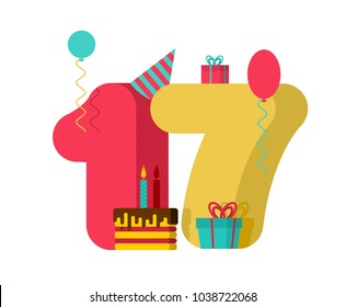 17 year Birthday sign. 17th Template greeting card anniversary celebration. seventeen number and festive piece of cake with candle. Balloon and Gift box.
