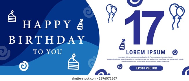 17 year celebration Creative Happy Birthday Text. Blue color decorative banner design, Vector illustration.