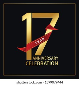 17 year minimalist logo years, jubilee, greeting card. Red and Gold Ribbons on Black Background with Golden Frame for Birthday invitation - Vector  