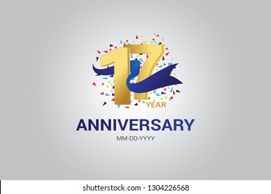 17 years anniversary blue ribbon  with golden and Spark light white color isolated on grey background vector