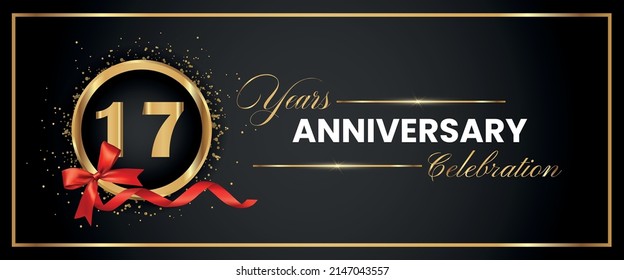 17 Years Anniversary Celebration Gold and Black Color Vector. anniversary celebration logotype with elegant modern number gold color for celebration, gold anniversary celebration, bow, ribbon, luxury.