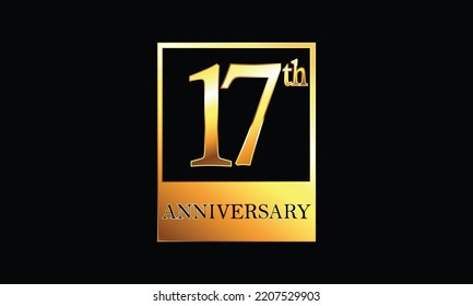 17 years anniversary celebration in golden rectangle. 17th Anniversary celebration. Gold Luxury Banner of 17th Anniversary celebration. seventeenth celebration card. Vector anniversary