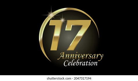 17 years anniversary celebration. Anniversary logo with ring in golden color isolated on black background with golden light, vector design for celebration, invitation card and greeting card