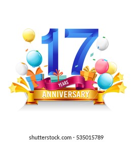 17 Years Anniversary celebration logo, birthday vector illustration, with gift box and balloons, colorful polygonal design.