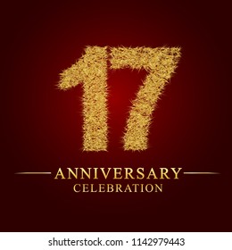 17 years anniversary celebration logotype. Logo gold pile of dry rice on red background. Number nest and fuzz gold foil.