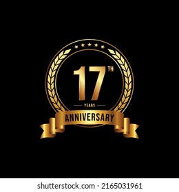 17 years anniversary celebration logotype with golden laurel and wreath, for booklet, leaflet, magazine, brochure poster, banner, web, invitation or greeting card. Vector illustrations.