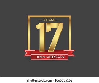 17 years anniversary design logotype golden color with square and red ribbon for celebration event isolated on black background