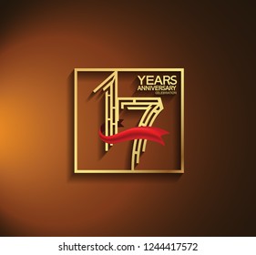 17 years anniversary golden color with square and red ribbon for celebration event