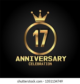 17 years Anniversary with golden font, circle and crown. Simple design with crown on top circle and number in center circle. Elegant, luxury, and simple design. My all design can see in my portofolio