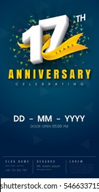 17 years anniversary invitation card - celebration template 
design , 17th anniversary modern design elements, dark blue 
background - vector illustration