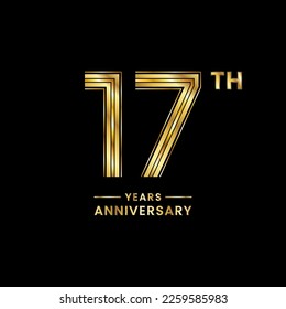 17 years anniversary logo design with golden numbers and text for anniversary celebration event, invitation, wedding, marriage, greeting card, banner, poster, flyer, brochure. Logo Vector Template