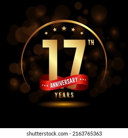 17 years anniversary logo with golden ring and ribbon for booklet, leaflet, magazine, brochure poster, banner, web, invitation or greeting card. Vector illustrations.