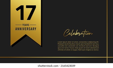 17 years anniversary logo with golden ribbon for booklet, leaflet, magazine, brochure poster, banner, web, invitation or greeting card. Vector illustrations.