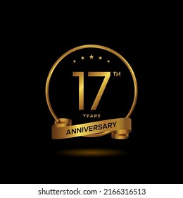 17 years anniversary logo with golden ring and ribbon for booklet, leaflet, magazine, brochure poster, banner, web, invitation or greeting card. Vector illustrations.