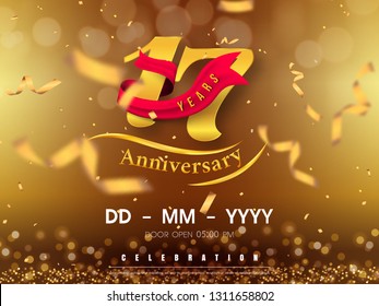 17 years anniversary logo template on gold background. 17th celebrating golden numbers with red ribbon vector and confetti isolated design elements