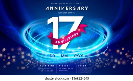 17 years anniversary logo template on dark blue Abstract futuristic space background. 17th modern technology design celebrating numbers with Hi-tech network digital technology concept design elements.