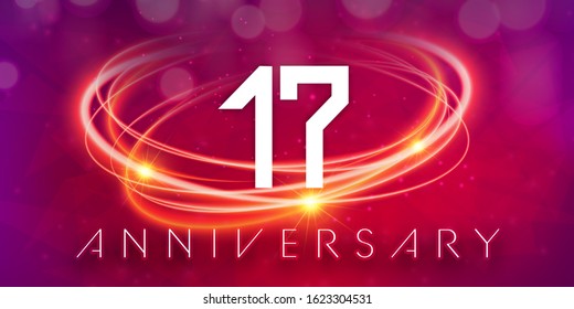 17 years anniversary logo template on purple Abstract futuristic space background. 17th modern technology design celebrating numbers with Hi-tech network digital technology concept design elements.