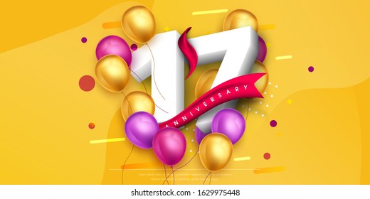 17 years anniversary logo template design on yellow background and balloons. 17th anniversary celebration background with red ribbon and balloons. Party poster, brochure template. Vector illustration.