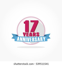 17 years anniversary logo vector on flat design white circle with pink number and pink frame with blue ribbon and shadow effect