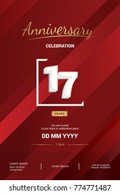 17 Years Anniversary Logotype with 3d white number isolated on red abstract background