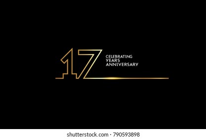 17 Years Anniversary logotype with golden colored font numbers made of one connected line, isolated on black background for company celebration event, birthday