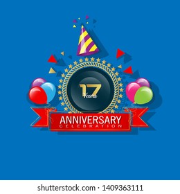 17 years anniversary - modern design celebrating. 17 years anniversary celebration simple logo. ribbon,balloon, gold emblem