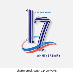 17 Years Anniversary Ribbon Shape Numbers With Swoosh. Celebrating 17  Years Anniversary Event Party Template.