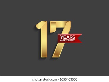 17 years anniversary simple design with golden color and red ribbon isolated on black background for celebration event