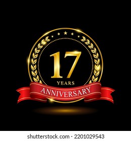17 Years Anniversary template design, with shiny ring and red ribbon, laurel wreath isolated on black background, logo vector