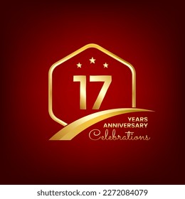 17 years anniversary. Anniversary template design inside of gold hexagon and curve with red background, design for event, invitation card, greeting card, banner, poster, flyer, book cover and print.