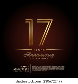 17 years anniversary, anniversary template design with double line number and golden text for birthday celebration event, invitation, banner poster, flyer, and greeting card, vector template